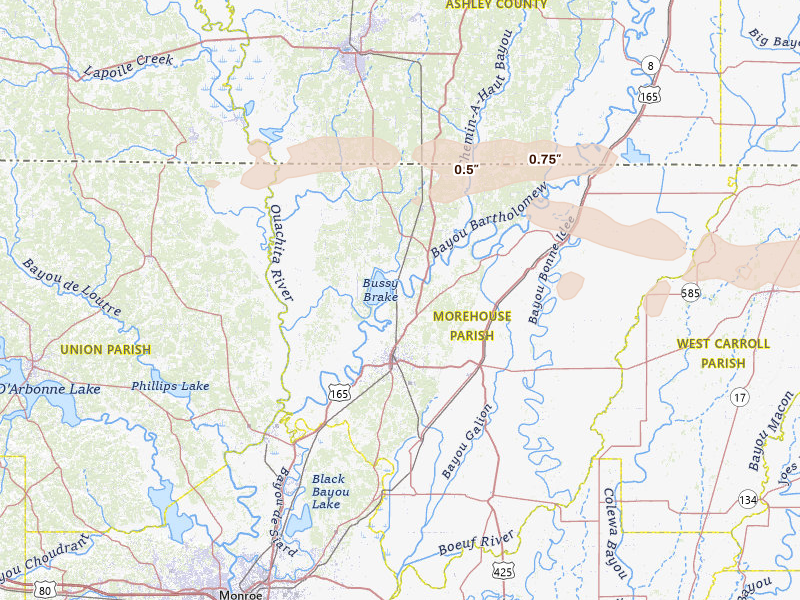 Radar-estimated hail-size map of the storm over Bastrop, LA on May 8, 2026