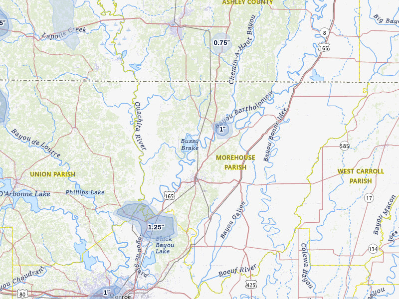 NEXRAD radar-signature map of the hail storm over Bastrop, LA on Jun 1, 2026