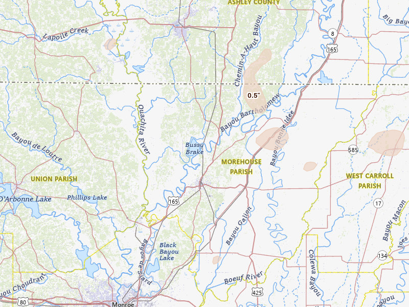 Radar-estimated hail-size map of the storm over Bastrop, LA on Jun 19, 2026