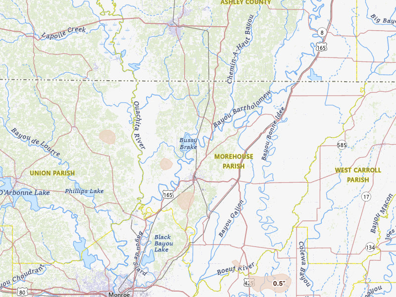 Radar-estimated hail-size map of the storm over Bastrop, LA on Jul 1, 2026