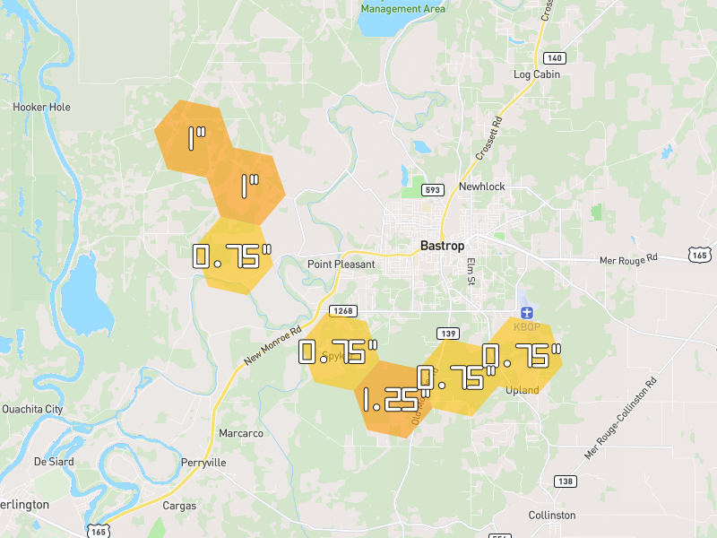 Hail map of Bastrop, LA on Jul 2, 2026, hail up to 1.25"