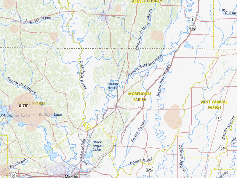 Radar-estimated hail-size map of the storm over Bastrop, LA on Jul 4, 2026