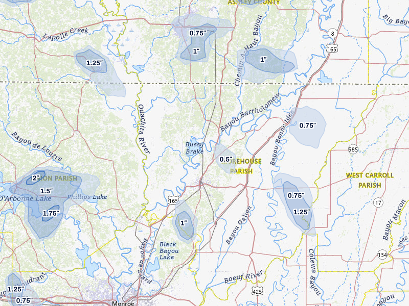 NEXRAD radar-signature map of the hail over Bastrop, LA