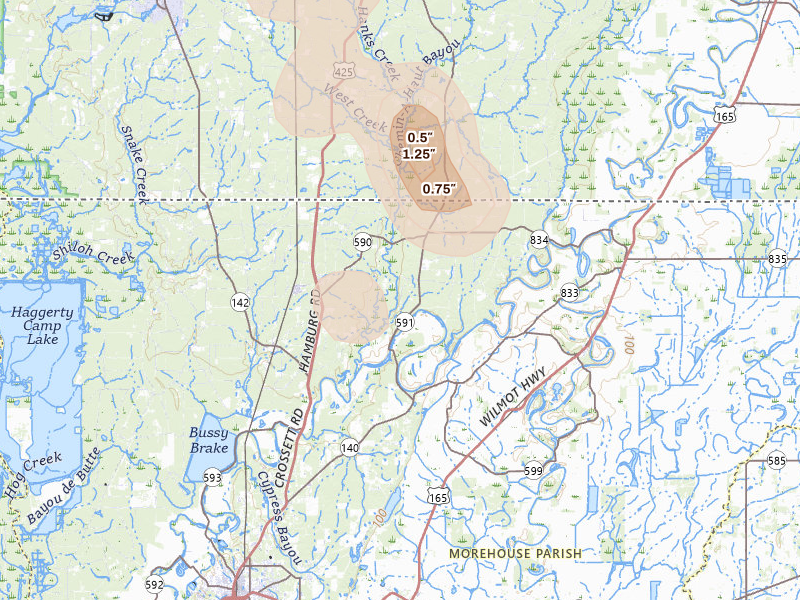 Radar-estimated hail-size map of the storm over Bastrop, LA on Aug 20, 2026