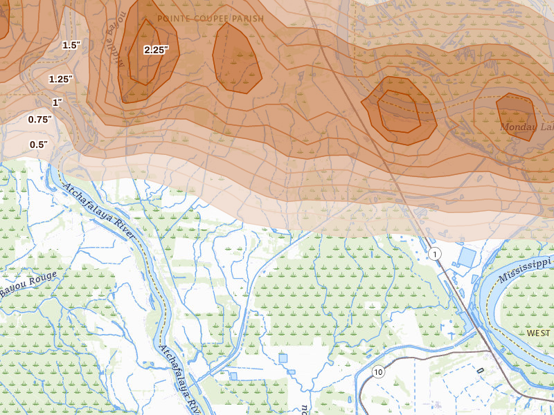 Radar-estimated hail-size map of the storm over Batchelor, LA on May 8, 2026