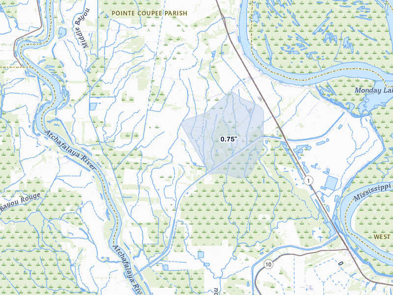 NEXRAD radar-signature map of the hail storm over Batchelor, LA on Jun 2, 2026