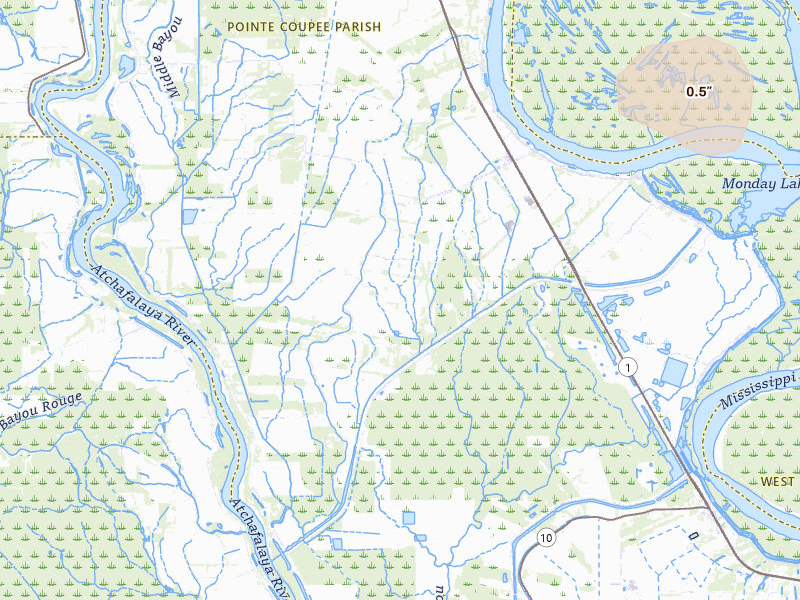 Radar-estimated hail-size map of the storm over Batchelor, LA on Jul 1, 2026