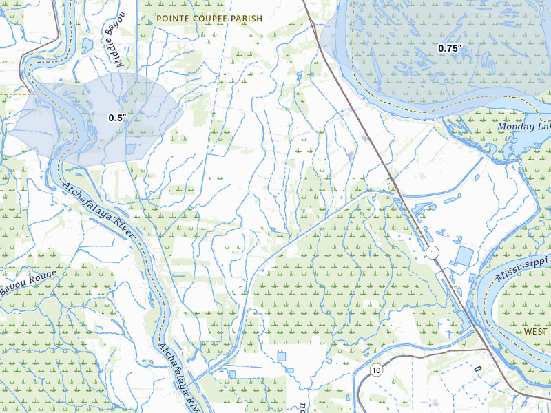 NEXRAD radar-signature map of the hail storm over Batchelor, LA on Jul 1, 2026