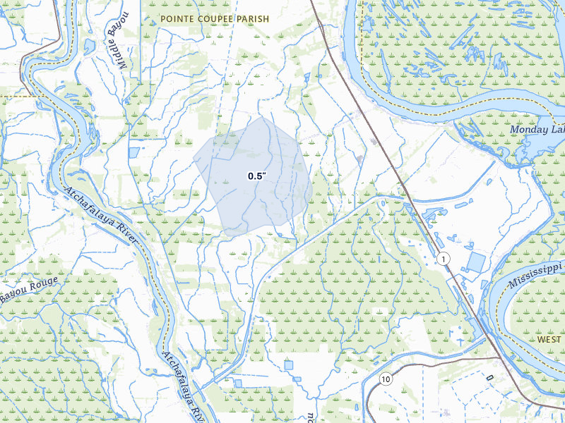 NEXRAD radar-signature map of the hail storm over Batchelor, LA on Jul 21, 2026