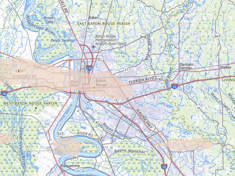 Radar-estimated hail-size map of the storm over Baton Rouge, LA on May 8, 2026