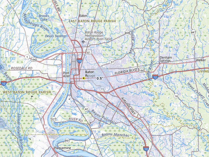 NEXRAD radar-signature map of the hail storm over Baton Rouge, LA on May 8, 2026