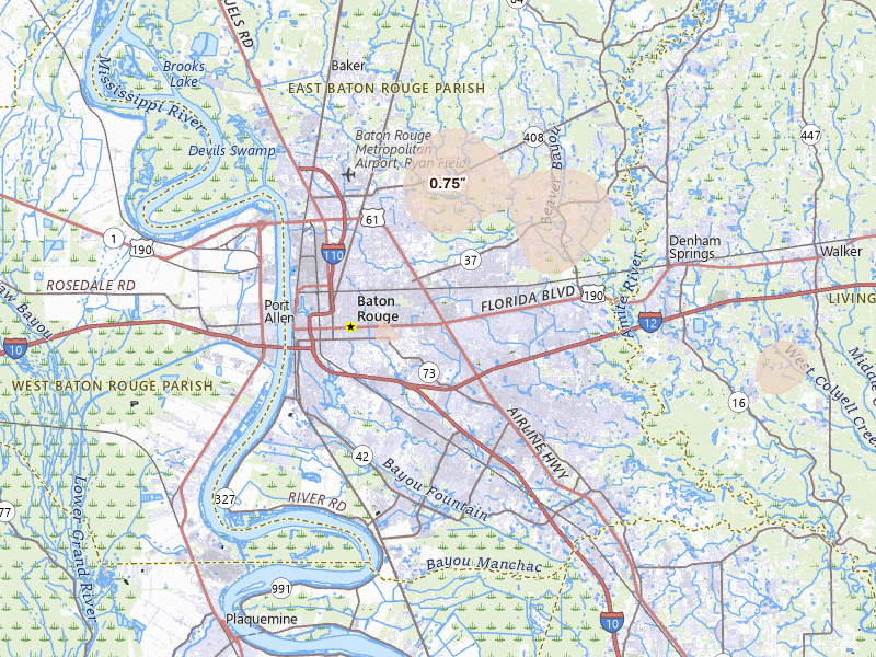 Radar-estimated hail-size map of the storm over Baton Rouge, LA on Jun 19, 2026
