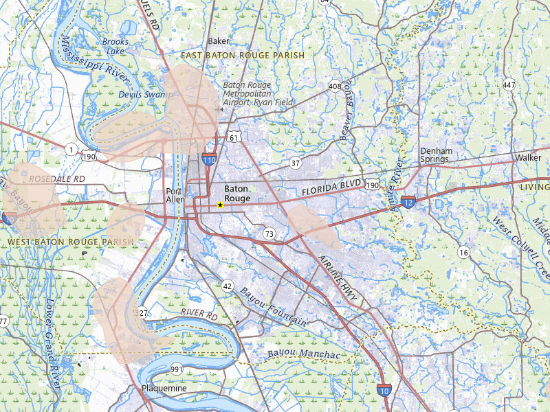 Radar-estimated hail-size map of the storm over Baton Rouge, LA on Jul 5, 2026