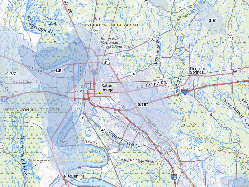 NEXRAD radar-signature map of the hail storm over Baton Rouge, LA on Jul 5, 2026