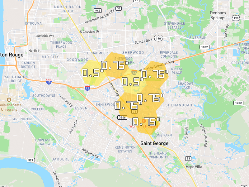 Hail map of Baton Rouge, LA on Jul 5, 2026, hail up to 0.75"