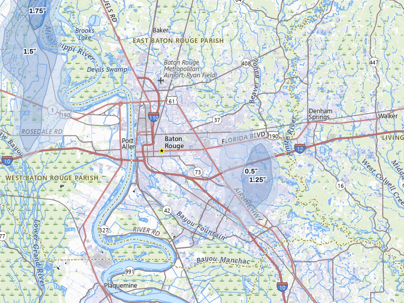 NEXRAD radar-signature map of the hail storm over Baton Rouge, LA on Jul 8, 2026