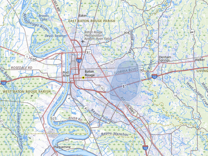 NEXRAD radar-signature map of the hail storm over Baton Rouge, LA on Jul 11, 2026