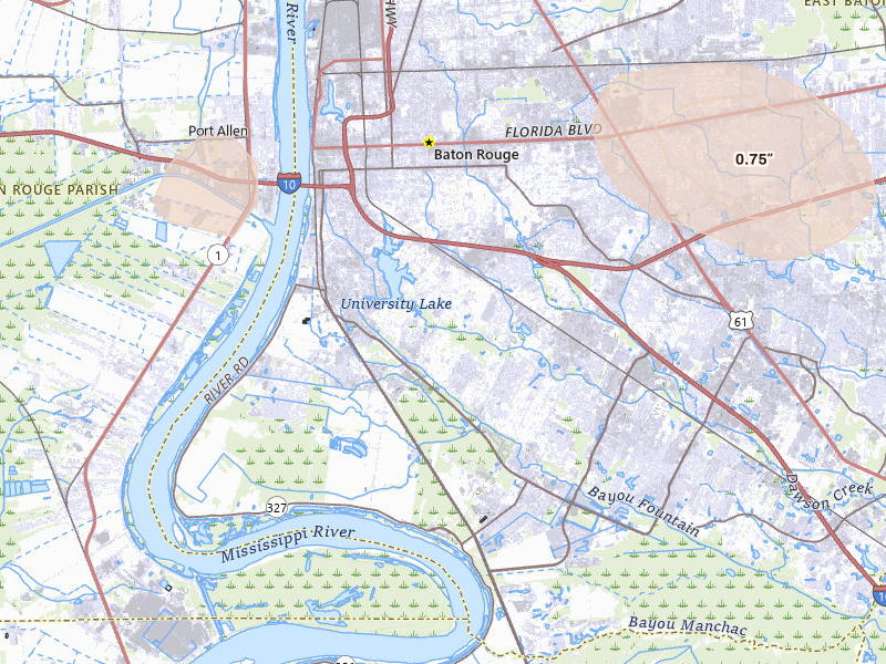 Radar-estimated hail-size map of the storm over Baton Rouge, LA on Aug 24, 2026