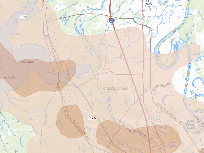 Radar-estimated hail-size map of the storm over Belcher, LA on Mar 15, 2026