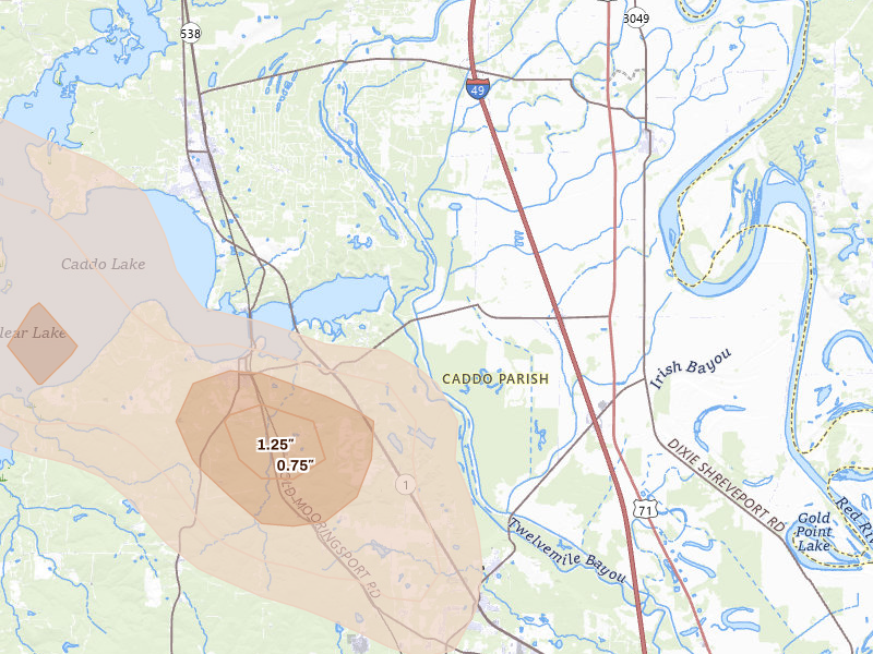 Radar-estimated hail-size map of the storm over Belcher, LA on Apr 26, 2026