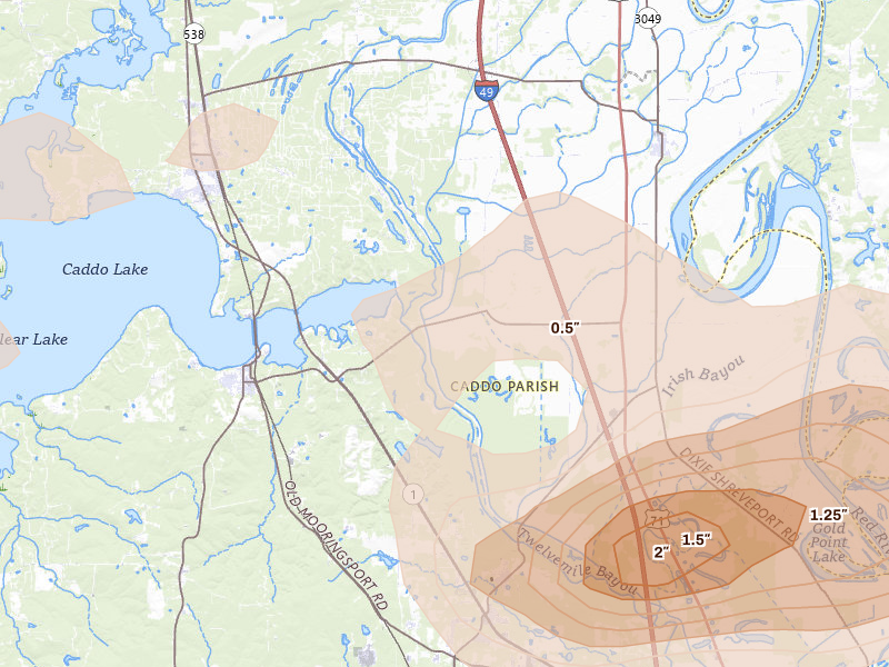 Radar-estimated hail-size map of the storm over Belcher, LA on May 8, 2026