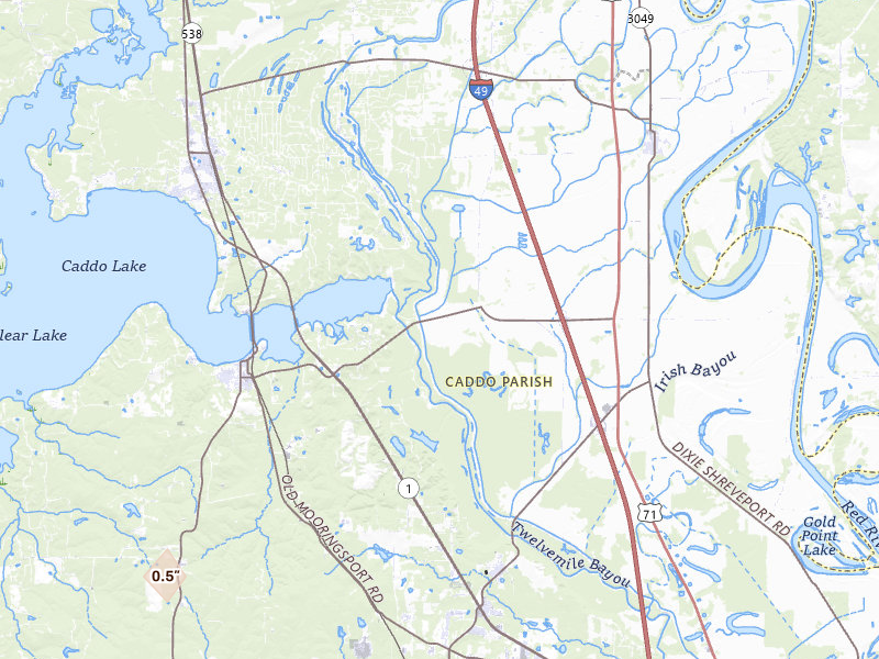 Radar-estimated hail-size map of the storm over Belcher, LA on Jul 4, 2026