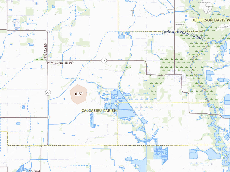 Radar-estimated hail-size map of the storm over Bell City, LA on Jul 6, 2026