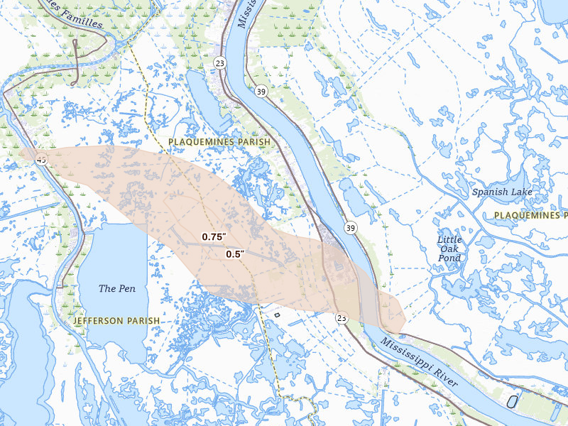 Radar-estimated hail-size map of the storm over Belle Chasse, LA on Apr 30, 2026