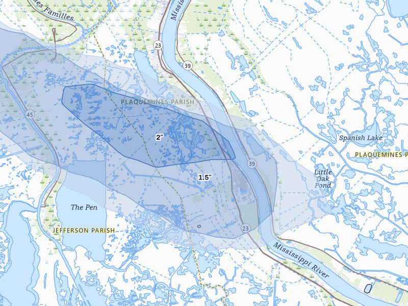 NEXRAD radar-signature map of the hail over Belle Chasse, LA