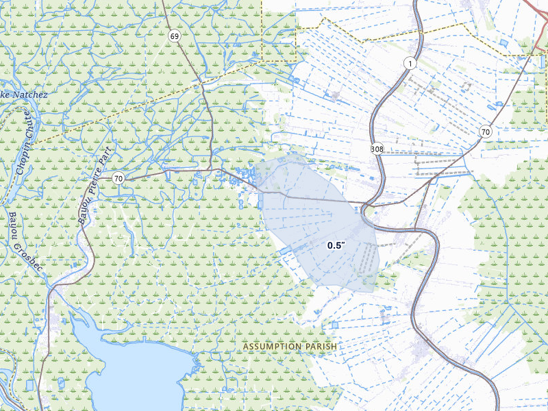 NEXRAD radar-signature map of the hail storm over Belle Rose, LA on Jul 7, 2026