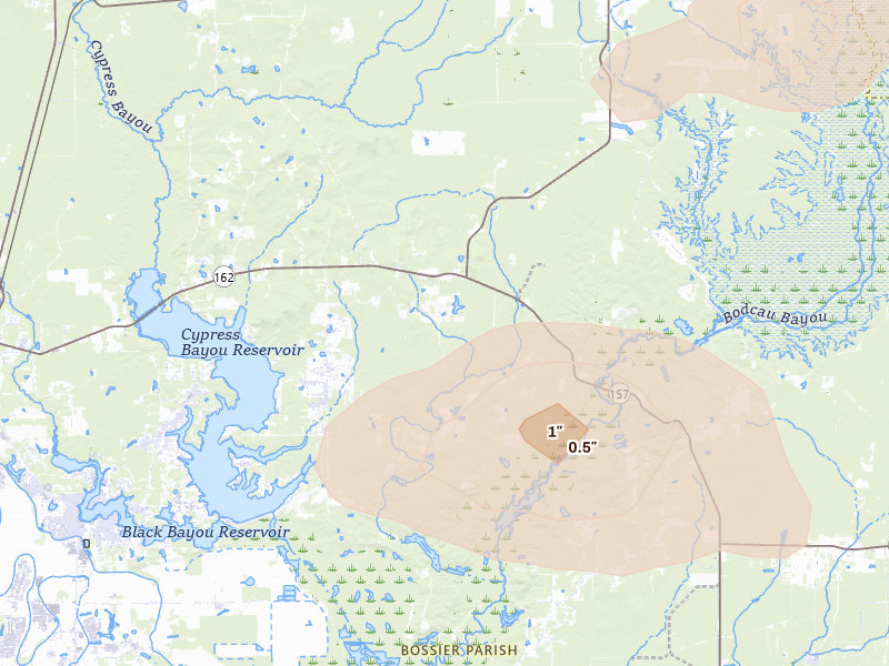 Radar-estimated hail-size map of the storm over Benton, LA on Apr 24, 2026