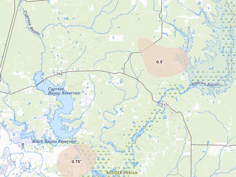 Radar-estimated hail-size map of the storm over Benton, LA on Jun 2, 2026