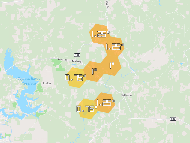 Hail map of Benton, LA on Jun 2, 2026, hail up to 1.25"