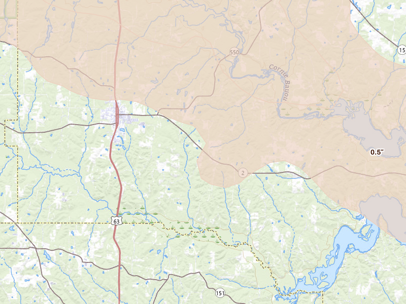 Radar-estimated hail-size map of the storm over Bernice, LA on Apr 25, 2026
