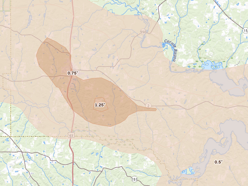 Radar-estimated hail-size map of the storm over Bernice, LA on Apr 29, 2026
