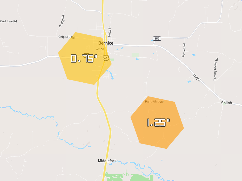 Hail map of Bernice, LA on Jul 4, 2026, hail up to 1.25"