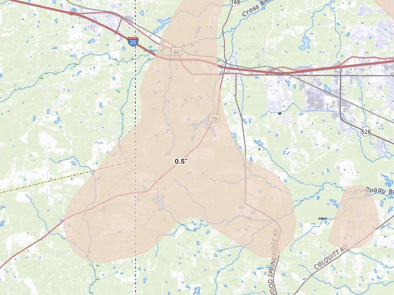 Radar-estimated hail-size map of the storm over Bethany, LA on Jul 6, 2026