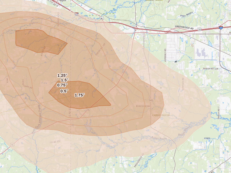 Radar-estimated hail-size map of the storm over Bethany, LA
