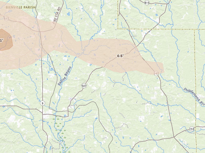 Radar-estimated hail-size map of the storm over Bienville, LA on May 8, 2026