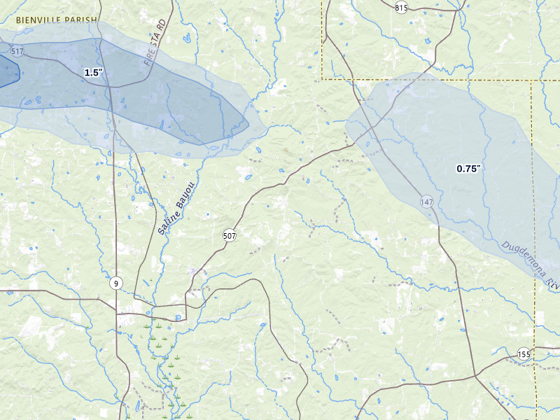 NEXRAD radar-signature map of the hail storm over Bienville, LA on May 8, 2026