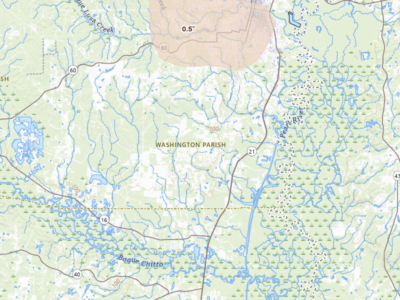 Radar-estimated hail-size map of the storm over Bogalusa, LA on Apr 1, 2026