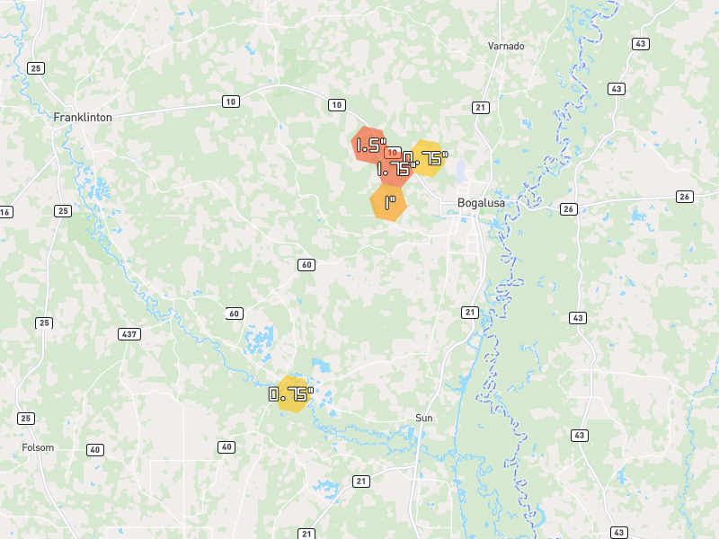 Hail map of Bogalusa, LA on Jul 5, 2026, hail up to 1.75"