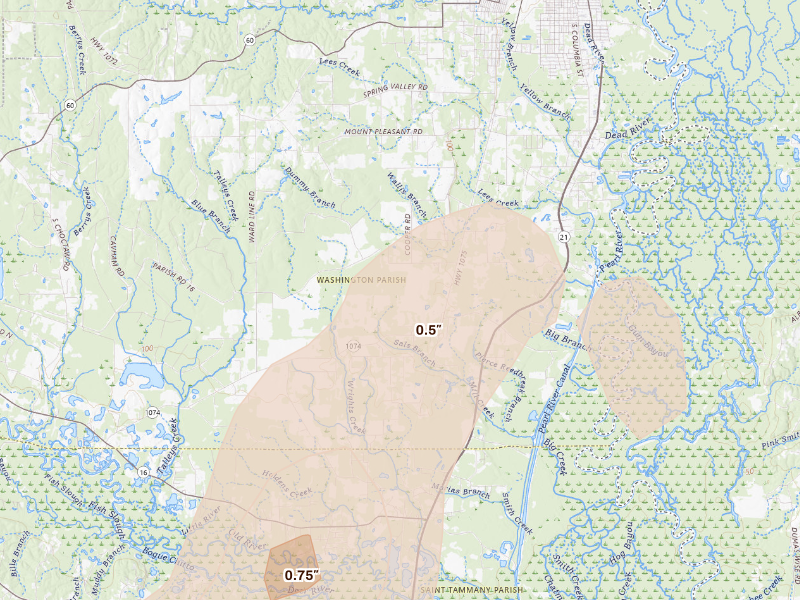 Radar-estimated hail-size map of the storm over Bogalusa, LA