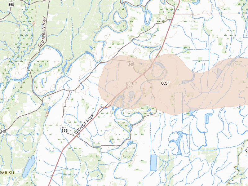 Radar-estimated hail-size map of the storm over Bonita, LA on Mar 15, 2026