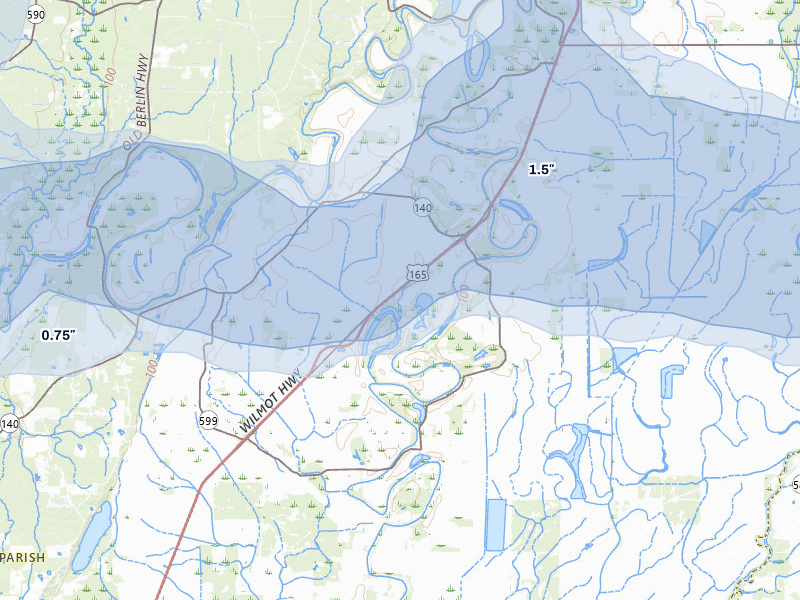 NEXRAD radar-signature map of the hail over Bonita, LA