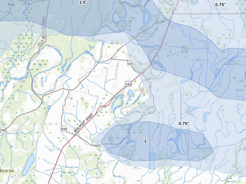 NEXRAD radar-signature map of the hail storm over Bonita, LA on May 8, 2026