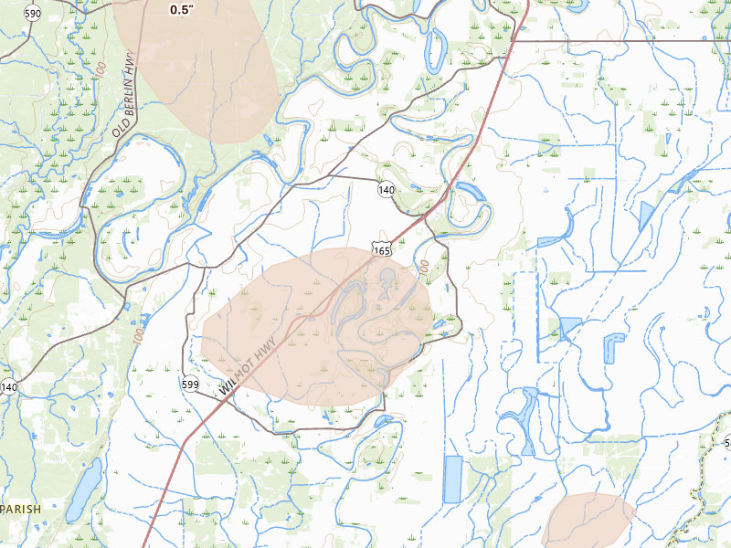 Radar-estimated hail-size map of the storm over Bonita, LA on Jun 19, 2026