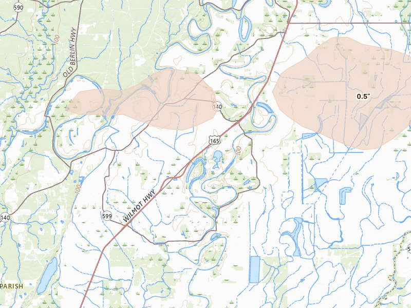 Radar-estimated hail-size map of the storm over Bonita, LA on Jun 22, 2026