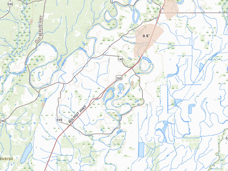 Radar-estimated hail-size map of the storm over Bonita, LA on Jul 12, 2026