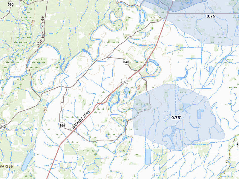 NEXRAD radar-signature map of the hail storm over Bonita, LA on Jul 12, 2026